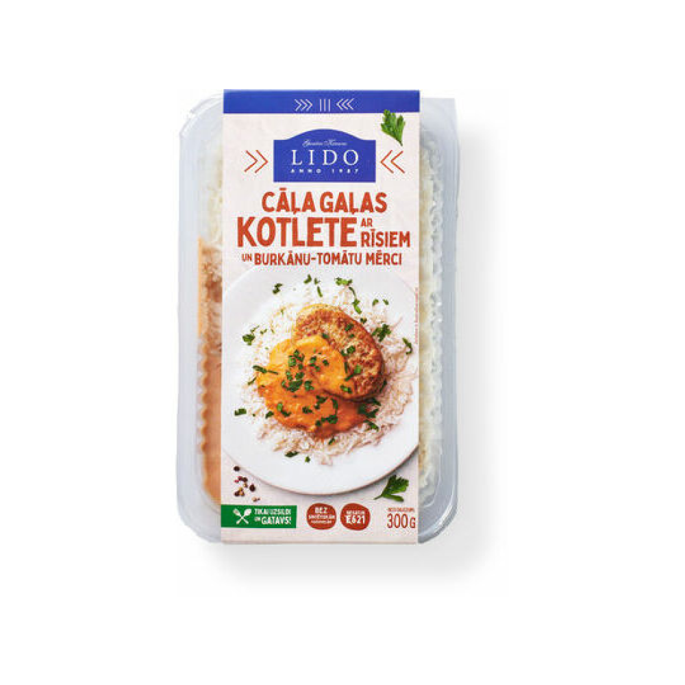 LIDO Cāļa gaļās kotlete ar rīsiem un burkānu - tomātu mērci 300g